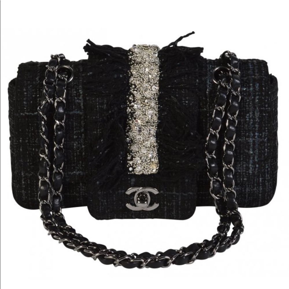 Chanel Black Tweed & Swarovski Crystal Fringe Flap